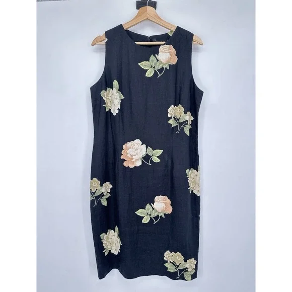 VTG 90s Ellen Tracy 100% Linen Dress 12 Black Floral Sheath Classic Cottagecore - Picture 10 of 14